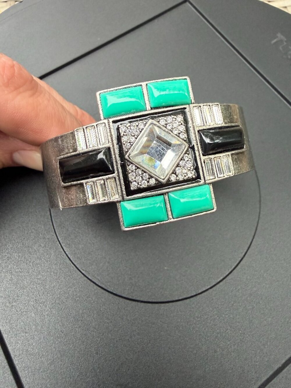 Lia Sophia "Nouvelle" Green, Black, Matte Silver Art Deco Wide Hinge Bracelet